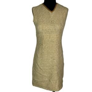 Vintage 60s Yellow Woven Wool Tweed Mod Shift Dress Leather Trim AS IS Small